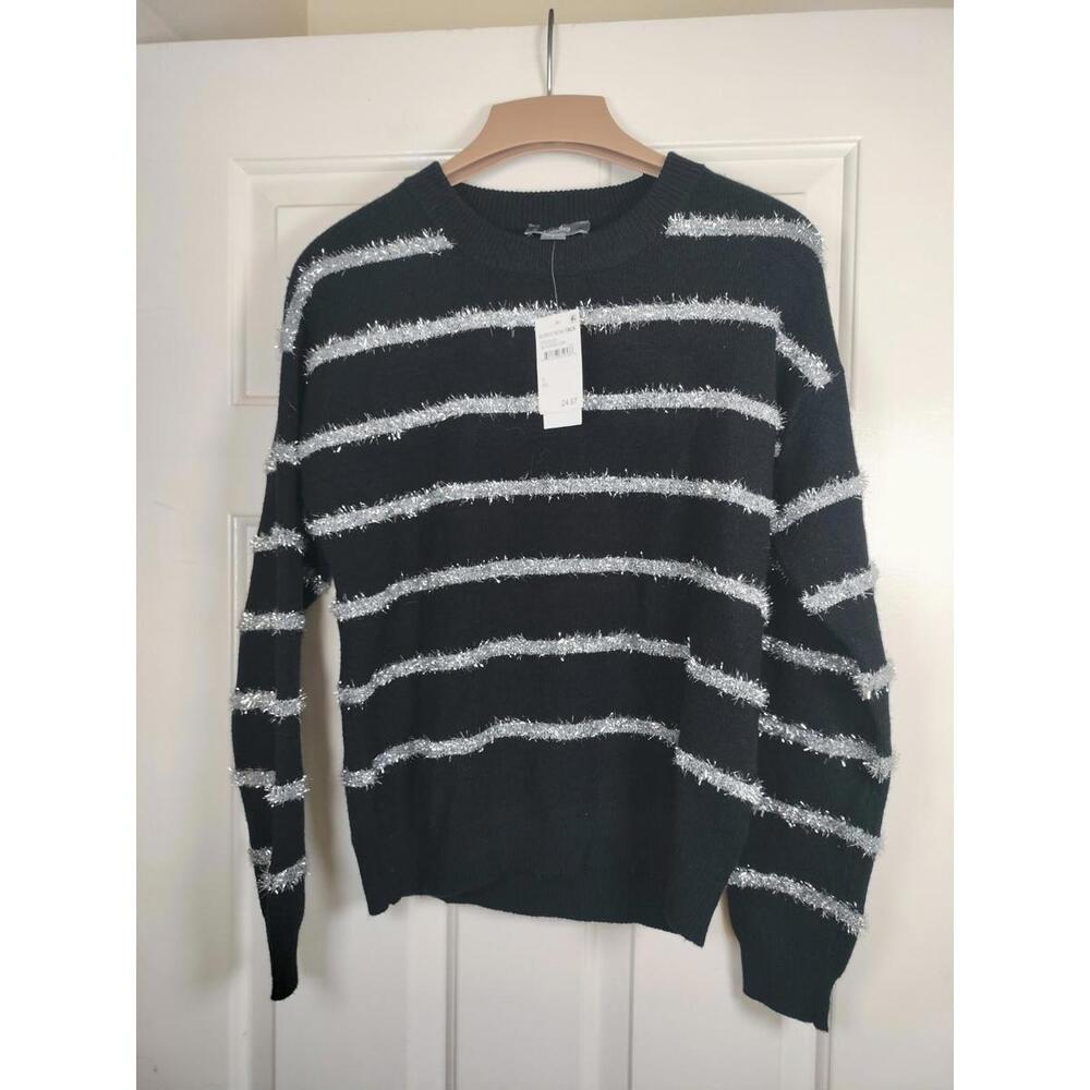 NWT Belle by‎ Belldini Women's Small Black & Silver Tinsel Striped Sweater
